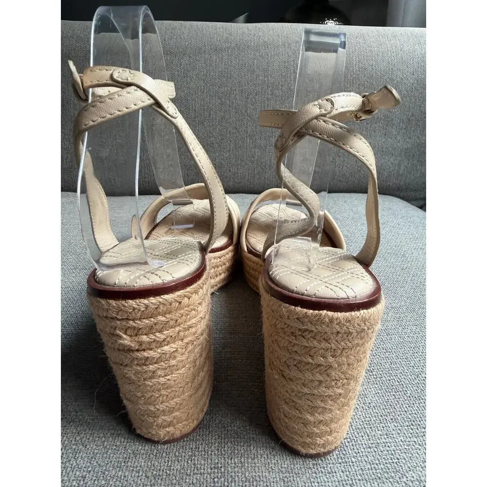 Tory Burch Fleming Nappa Leather Platform Espadrille Wedge Sandals Cream Sz 8.5